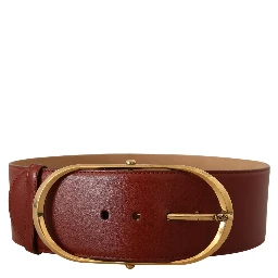 Maroon Leather Gold Metal Oval Buckle Belt