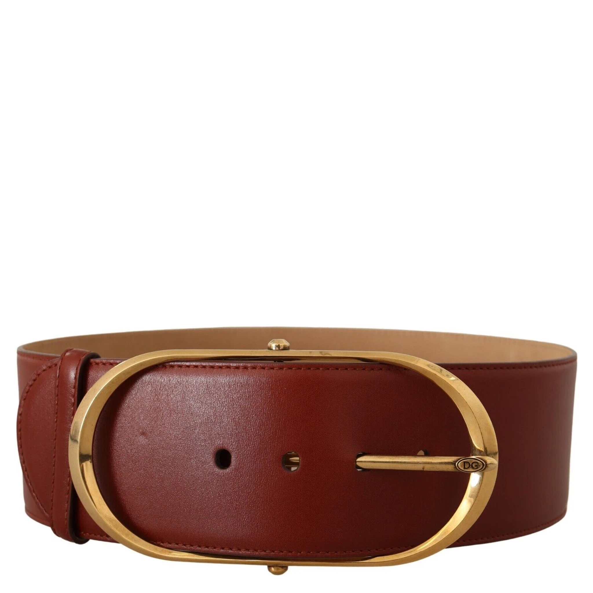 Maroon Leather Gold Metal Oval Buckle Belt