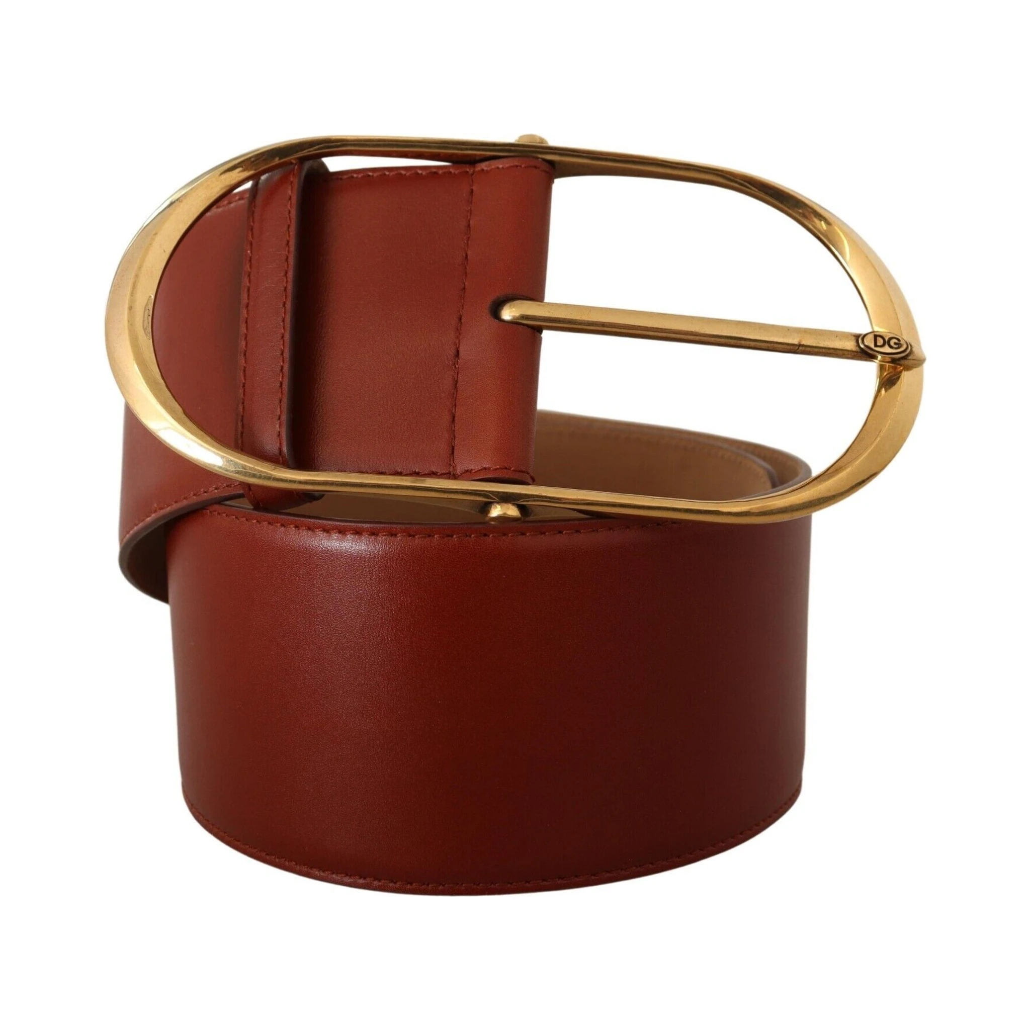 Maroon Leather Gold Metal Oval Buckle Belt