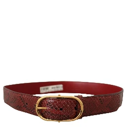 Red Exotic Leather Gold Oval Buckle Belt