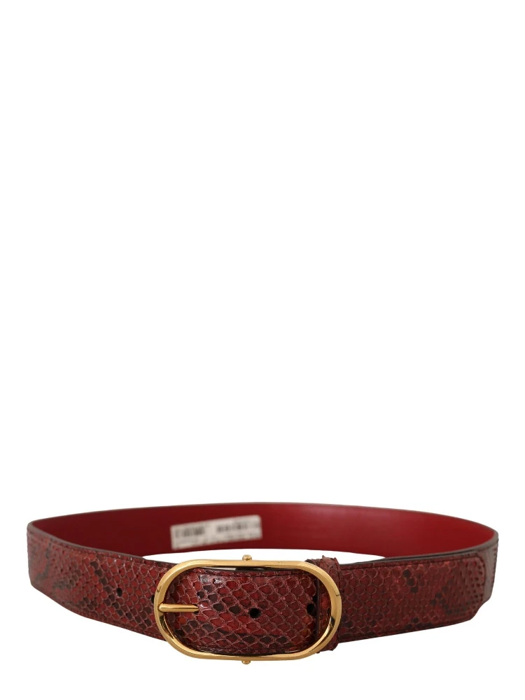 Red Exotic Leather Gold Oval Buckle Belt