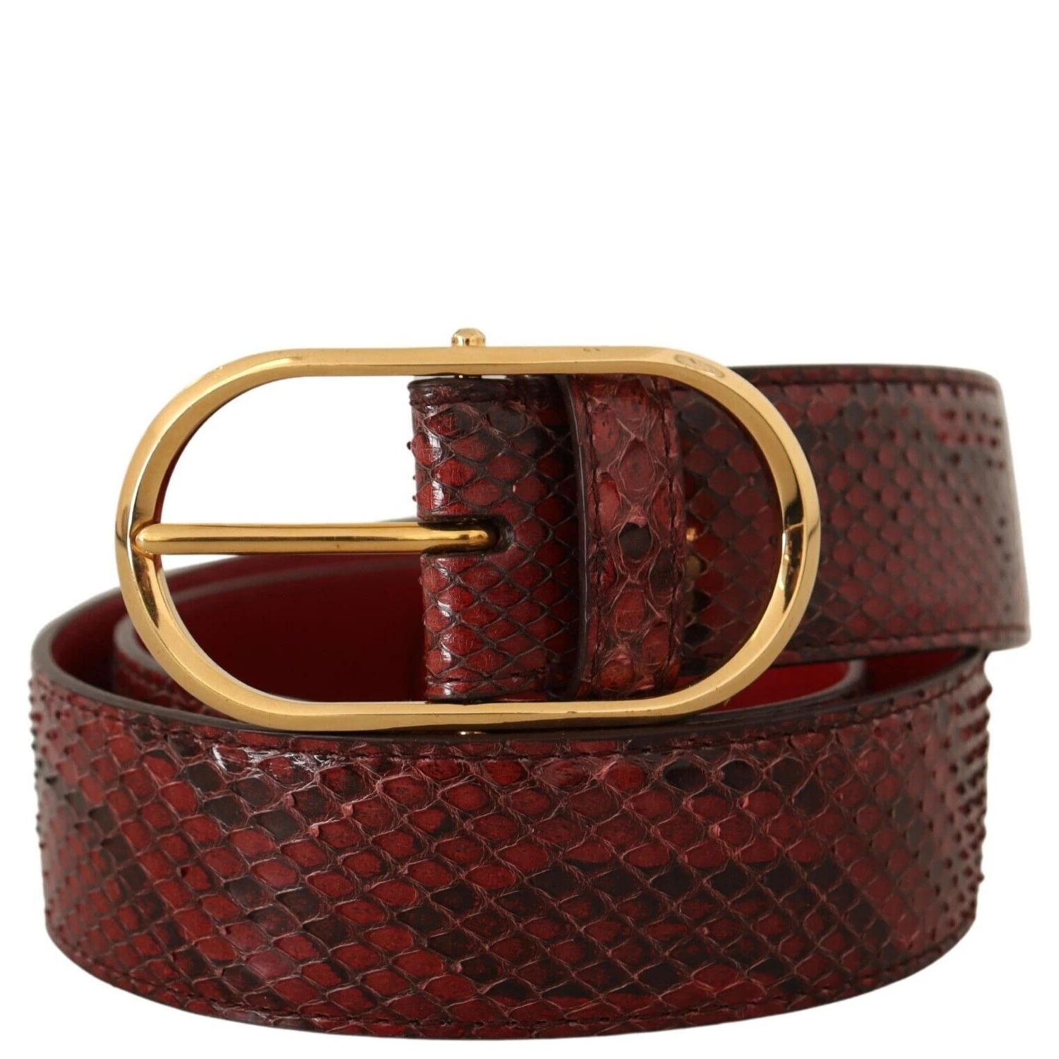Red Exotic Leather Gold Oval Buckle Belt