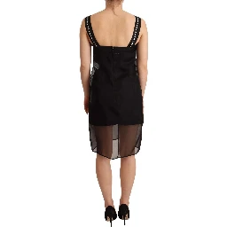 Black Silk Stretch Crystal Sheath Mini Dress