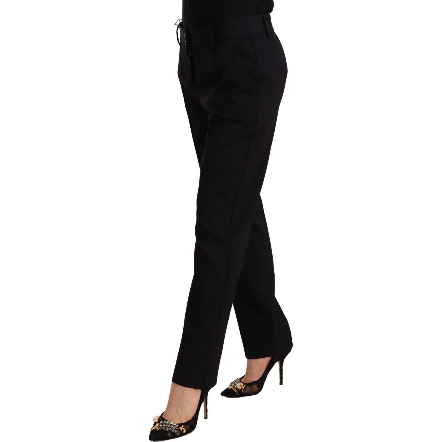 Black Mid Waist Skinny Trouser Wool Pants
