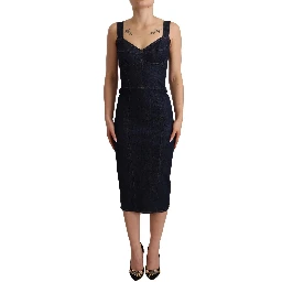 Dark Blue Cotton Denim Sheath Midi Dress