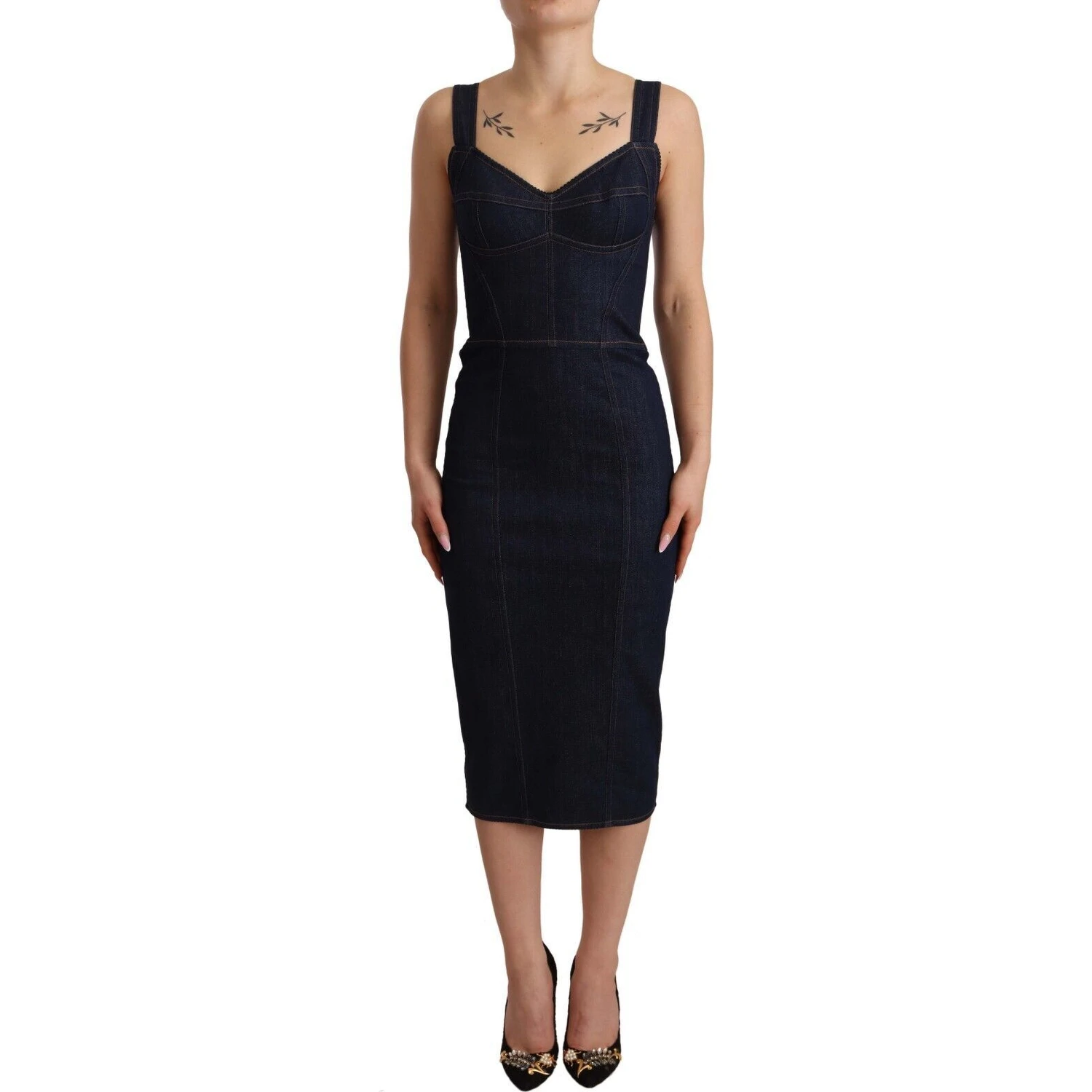 Dark Blue Cotton Denim Sheath Midi Dress