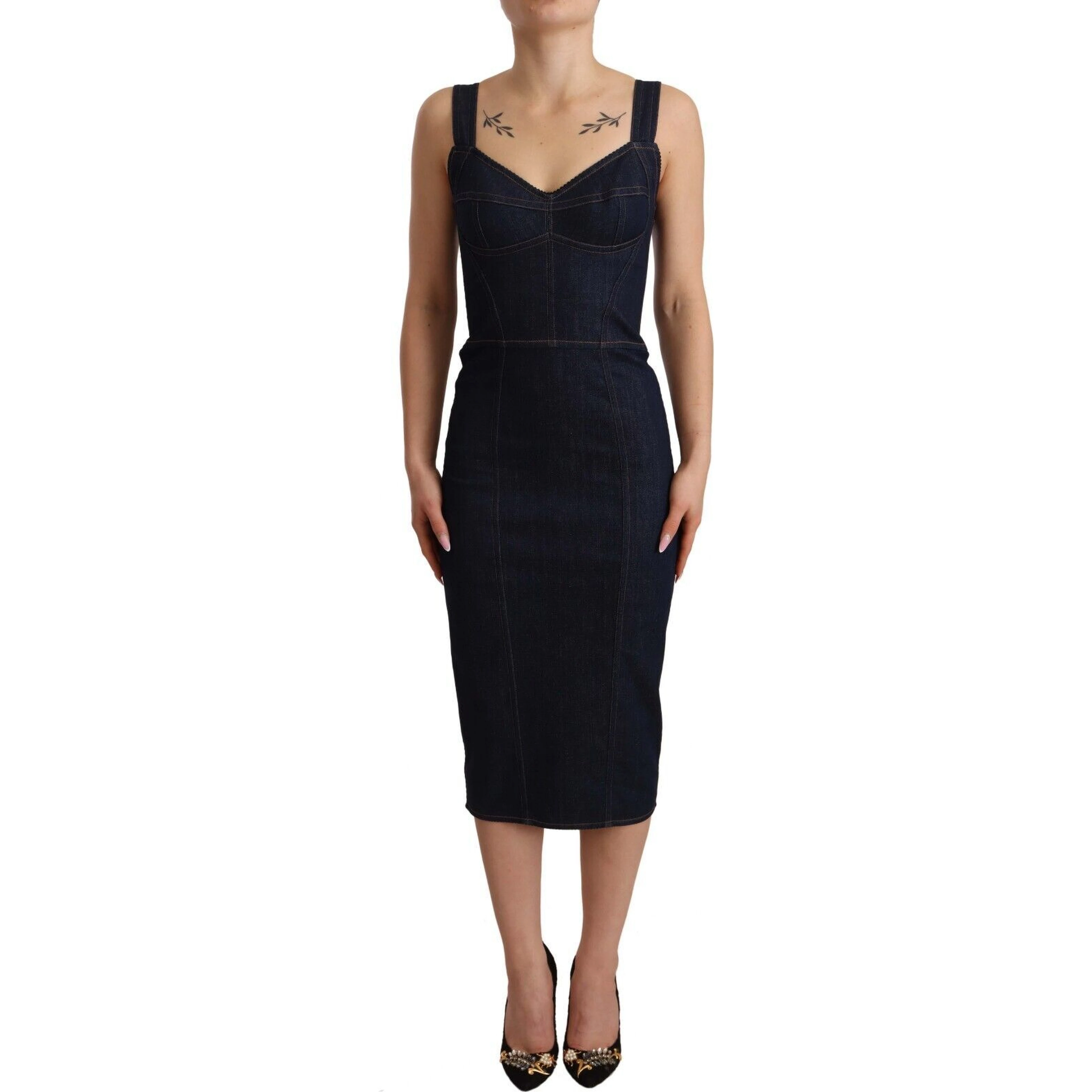 Dark Blue Cotton Denim Sheath Midi Dress