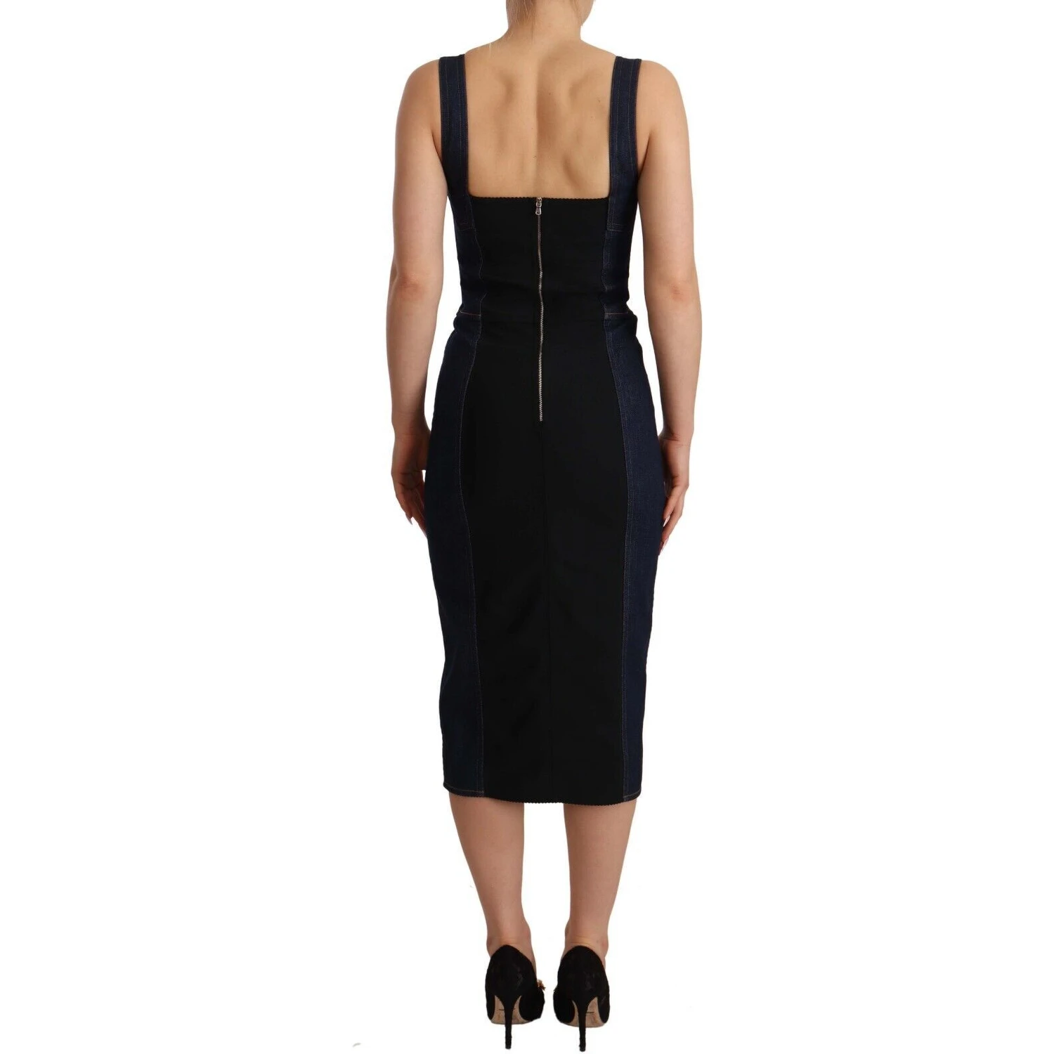 Dark Blue Cotton Denim Sheath Midi Dress