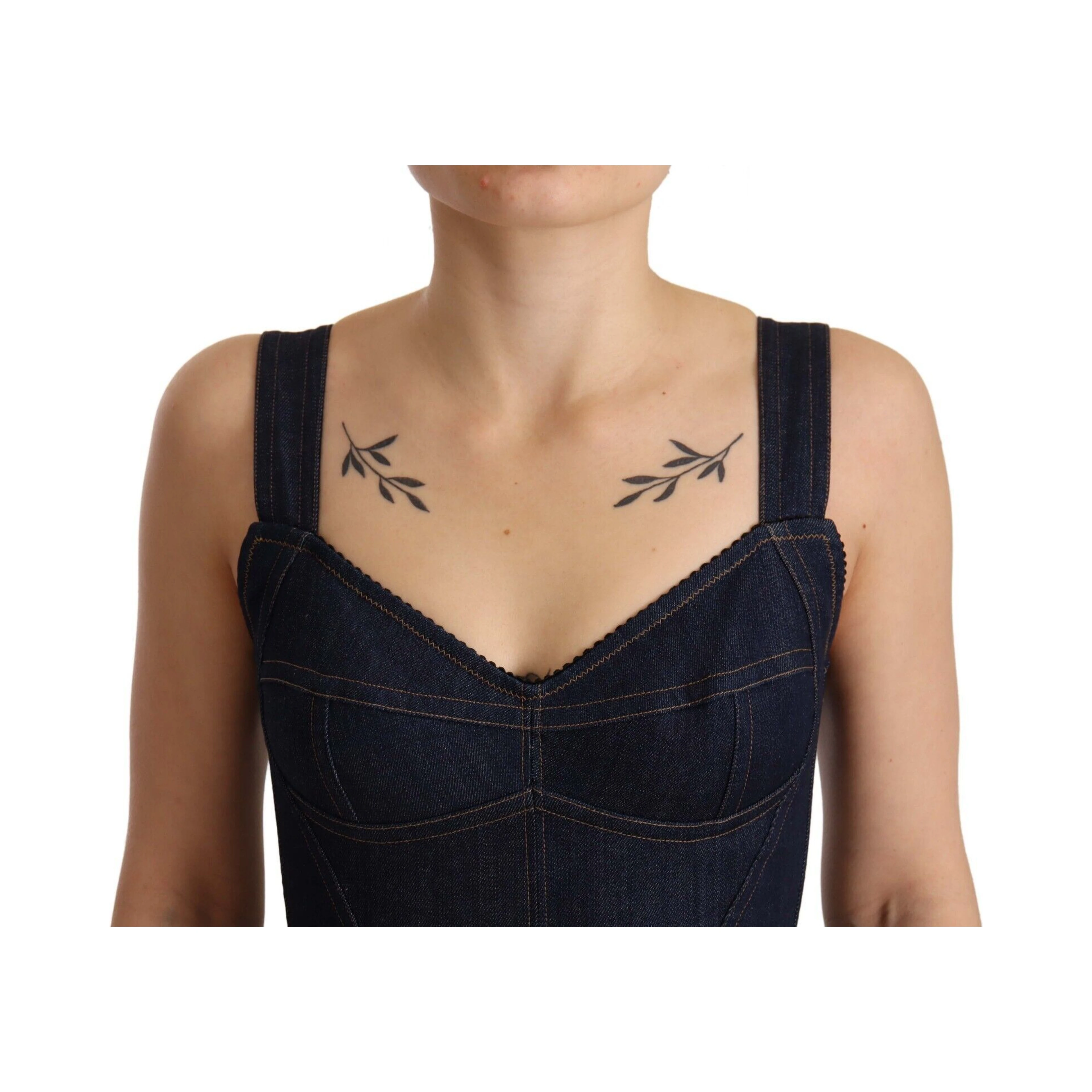 Dark Blue Cotton Denim Sheath Midi Dress