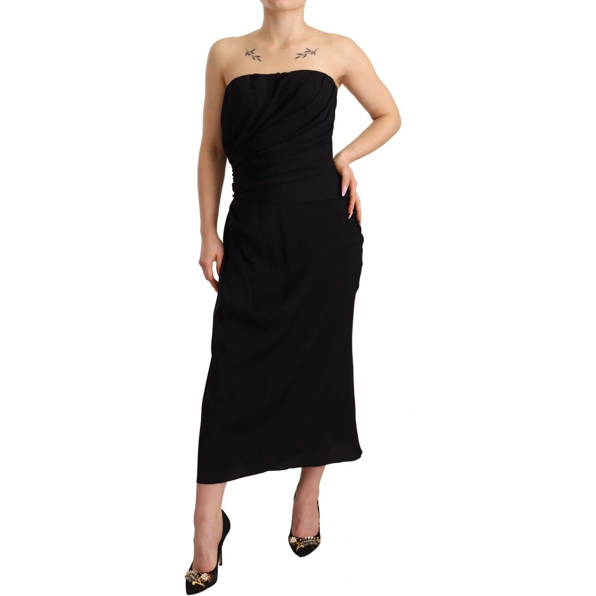 Black Silk Stretch Strapless Sheath Midi Dress