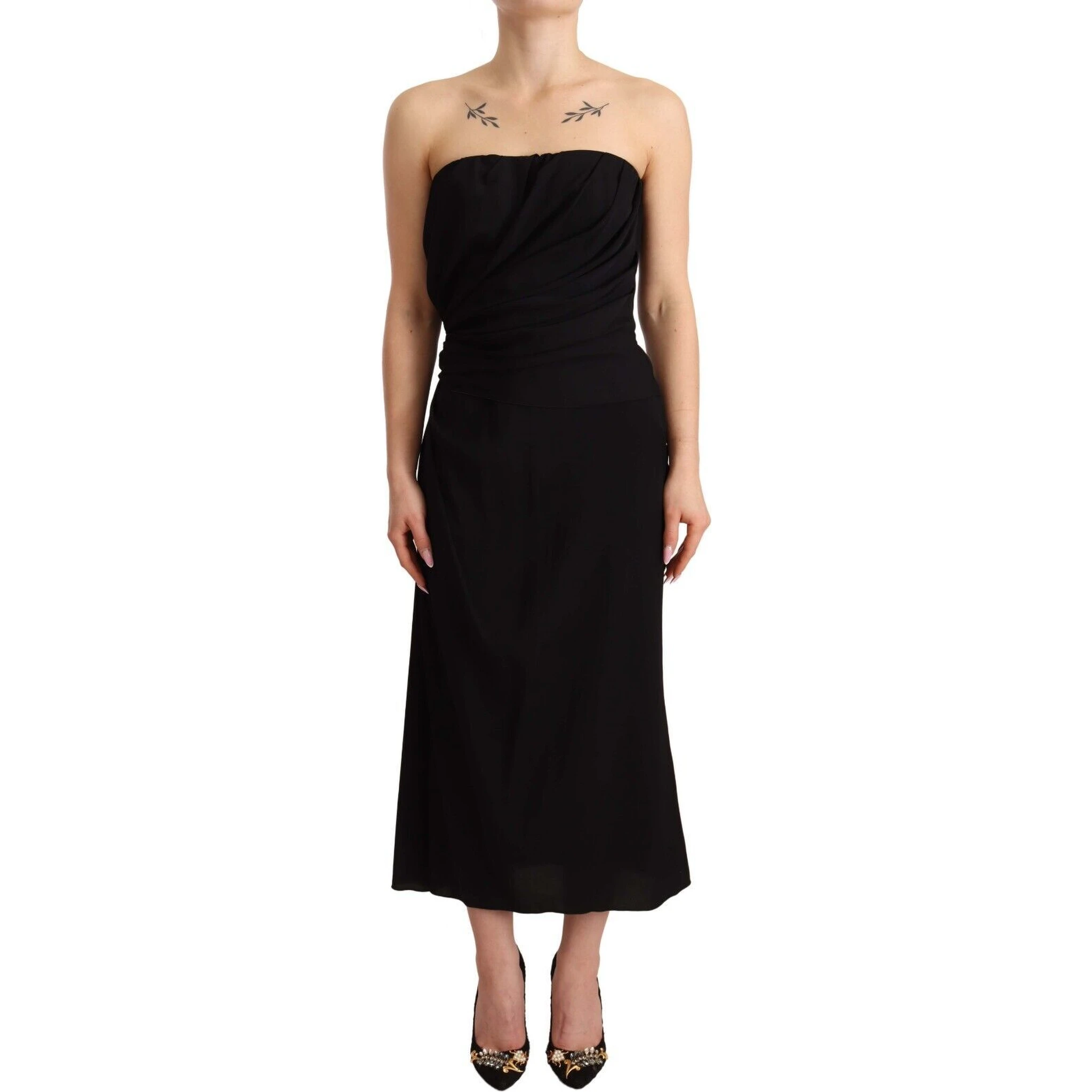 Black Silk Stretch Strapless Sheath Midi Dress