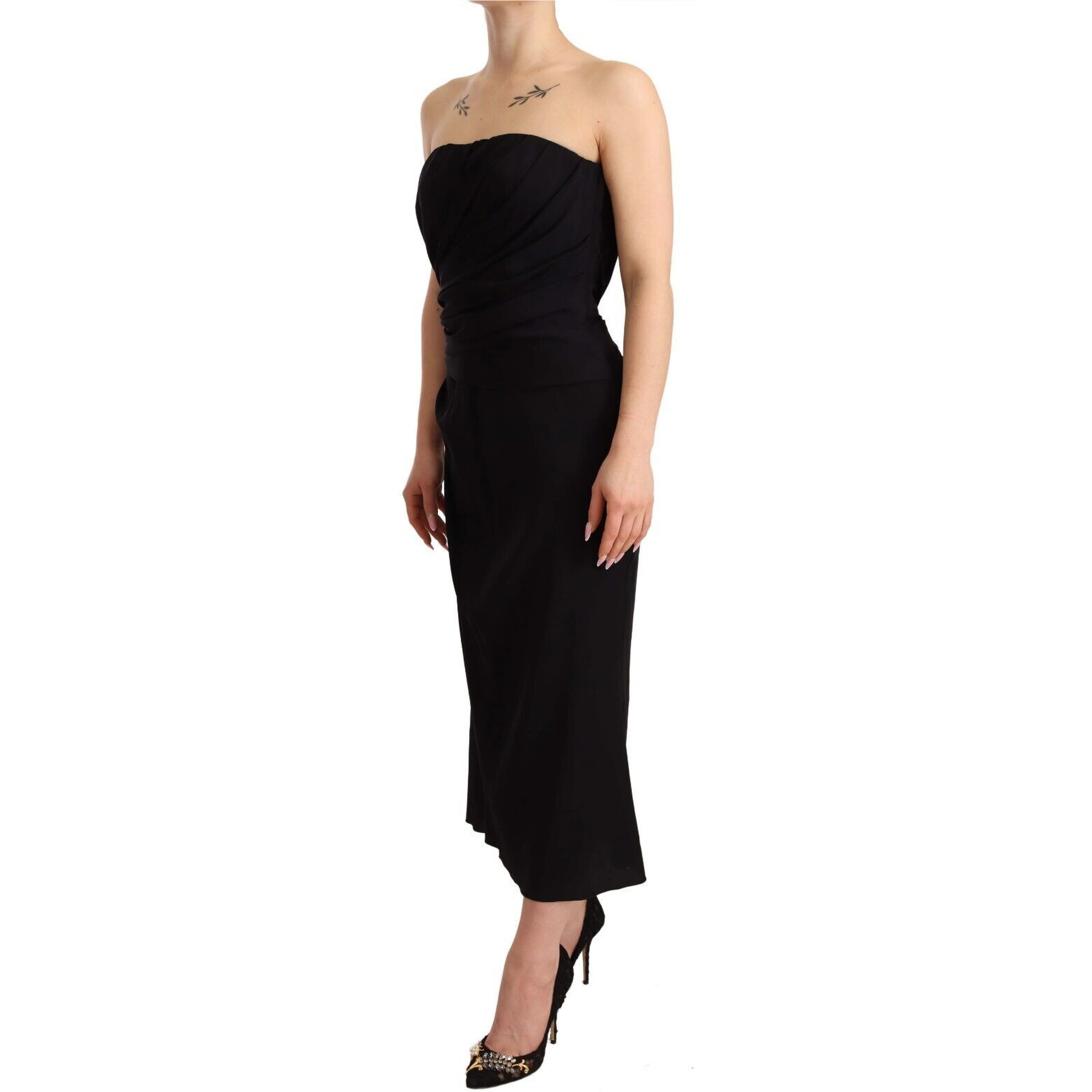 Black Silk Stretch Strapless Sheath Midi Dress