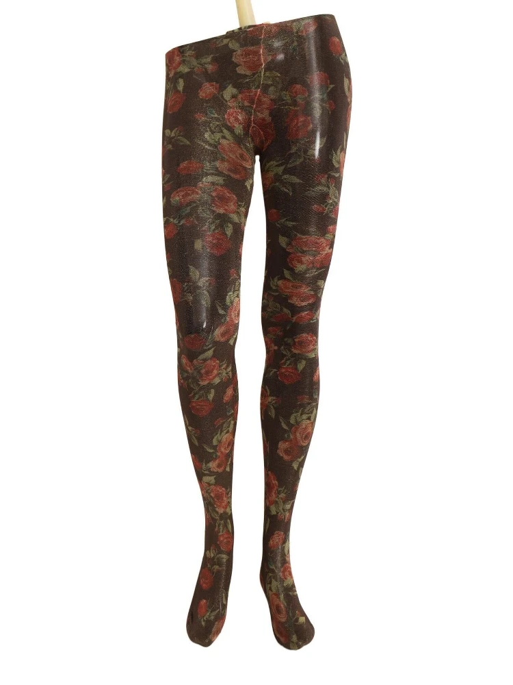 Black Floral Print Stockings Nylon Tights