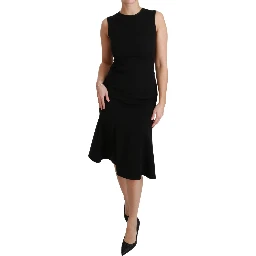 Black Fit Flare Wool Stretch Sheath Dress