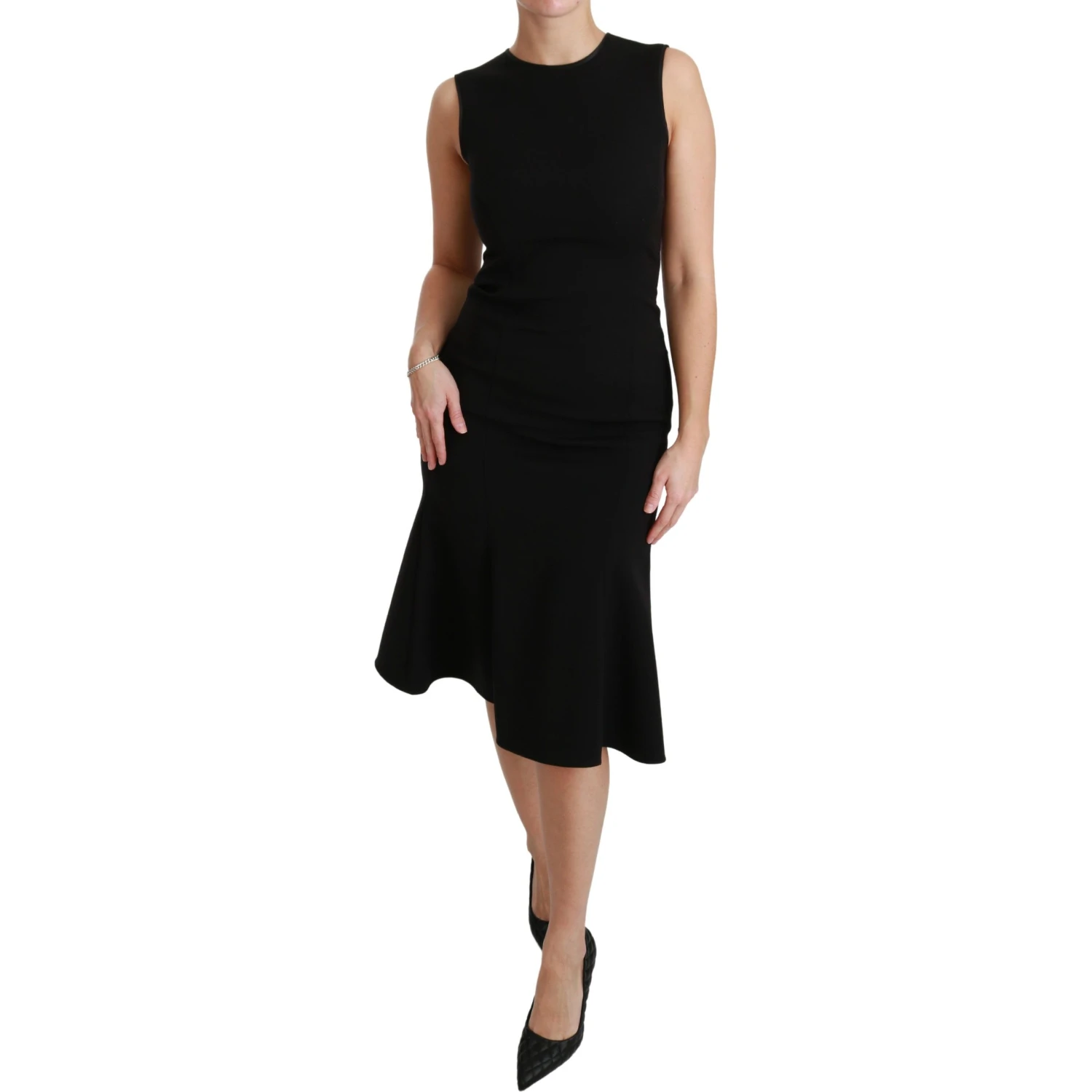 Black Fit Flare Wool Stretch Sheath Dress