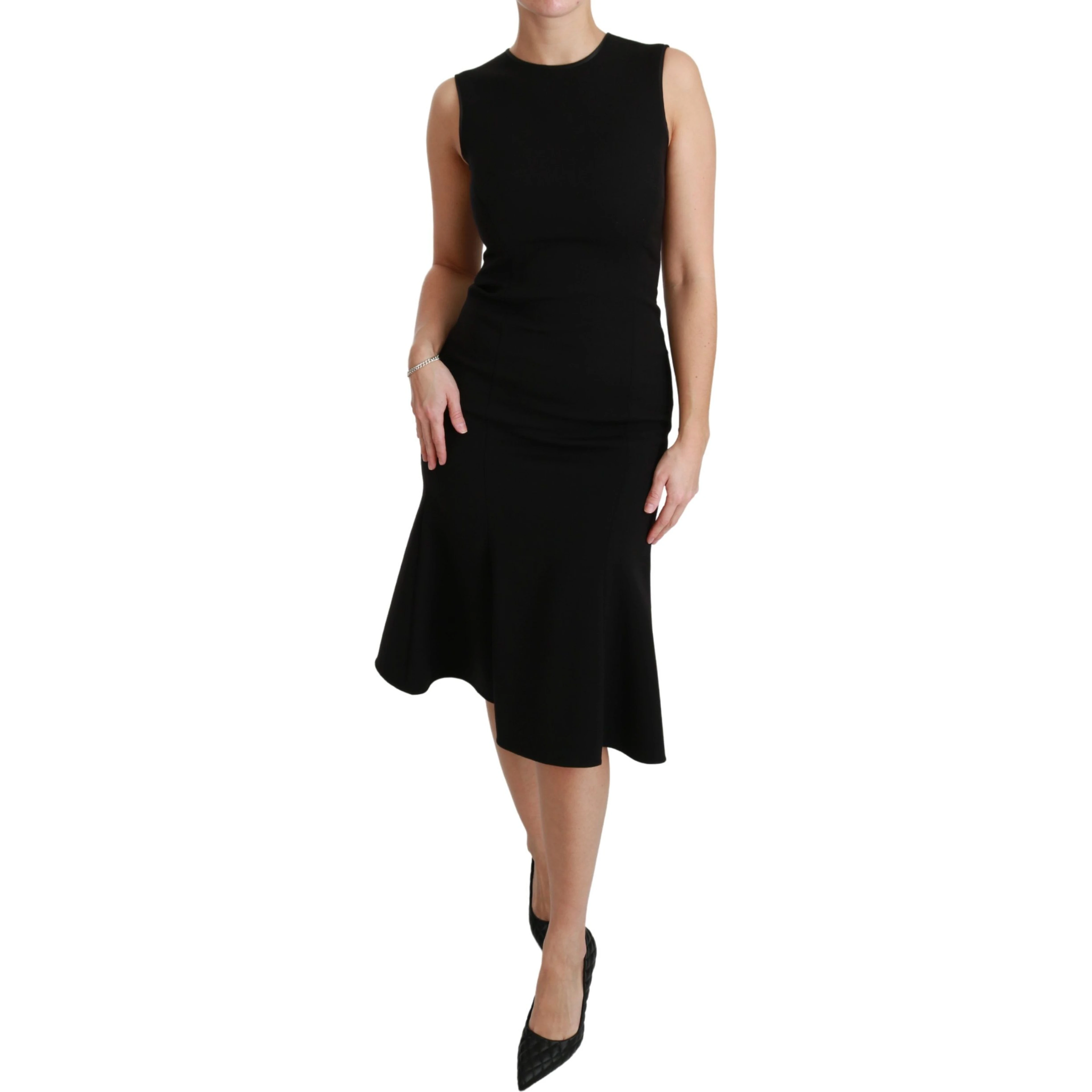 Black Fit Flare Wool Stretch Sheath Dress