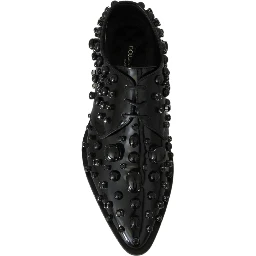Black Leather Crystals Dress Broque Shoes