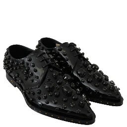 Black Leather Crystals Dress Broque Shoes