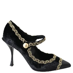 Black Velvet Gold Mary Janes Pumps