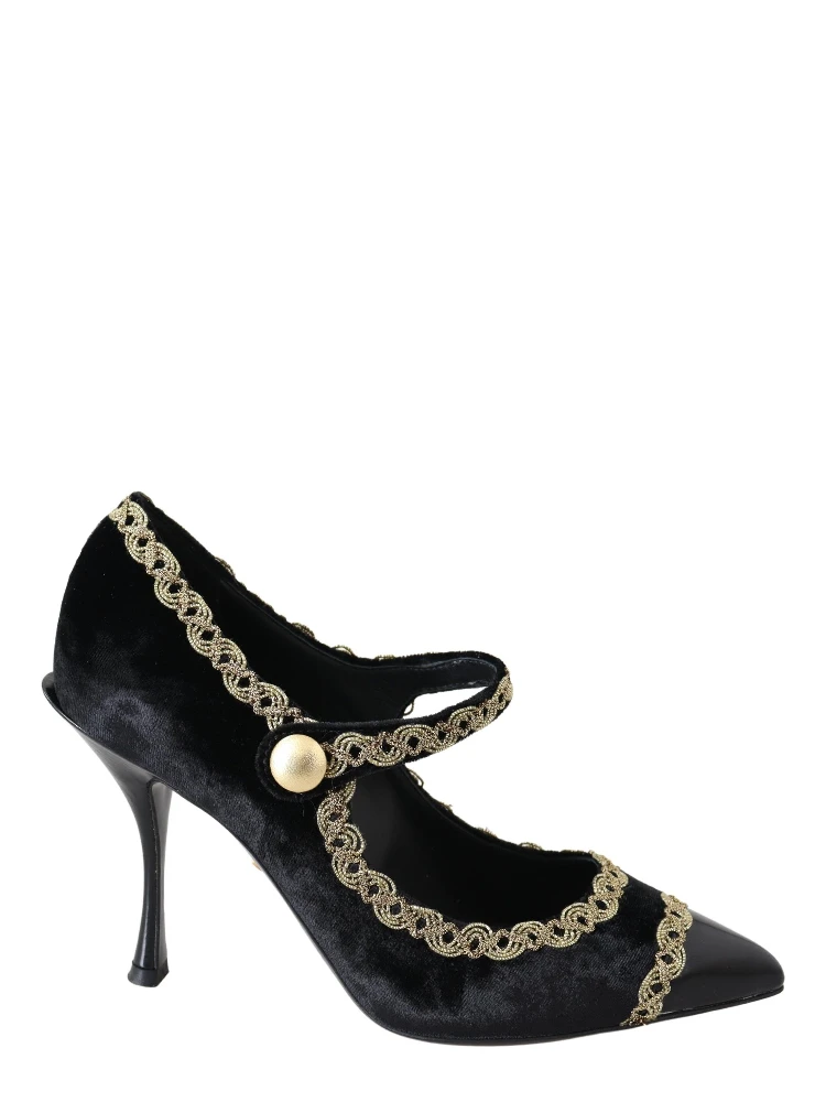Black Velvet Gold Mary Janes Pumps