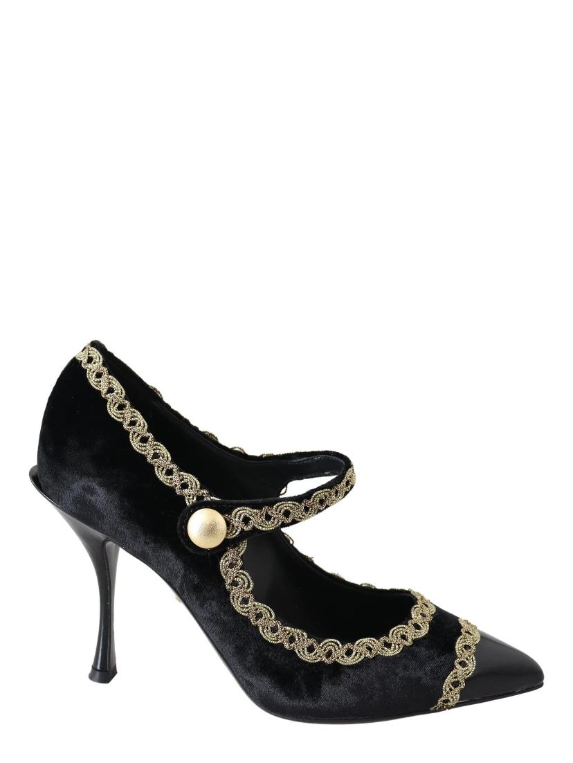 Black Velvet Gold Mary Janes Pumps