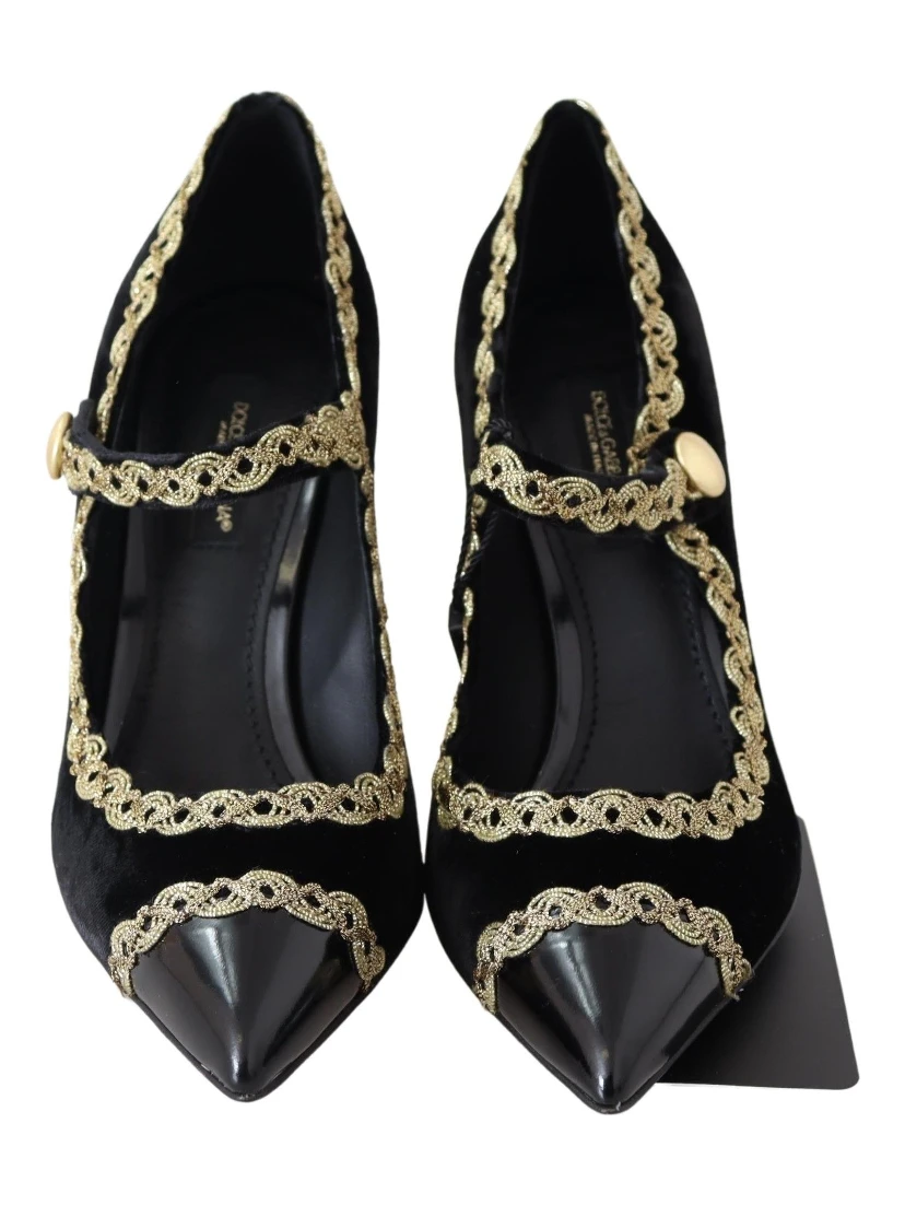 Black Velvet Gold Mary Janes Pumps