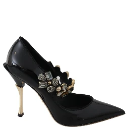 Black Leather Crystal Shoes Mary Jane Pumps