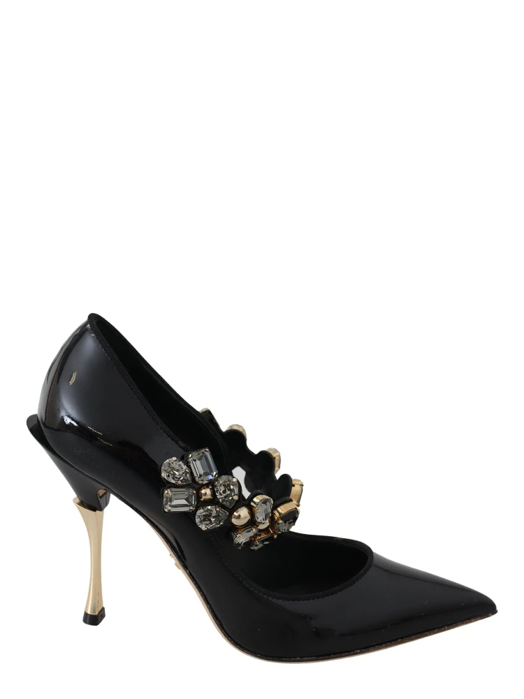 Black Leather Crystal Shoes Mary Jane Pumps