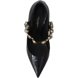 Black Leather Crystal Shoes Mary Jane Pumps