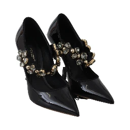 Black Leather Crystal Shoes Mary Jane Pumps