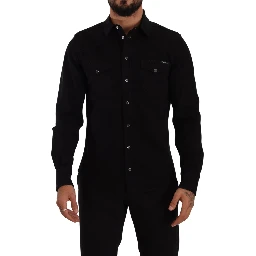 Black Slim Cotton Denim Stretch Shirt