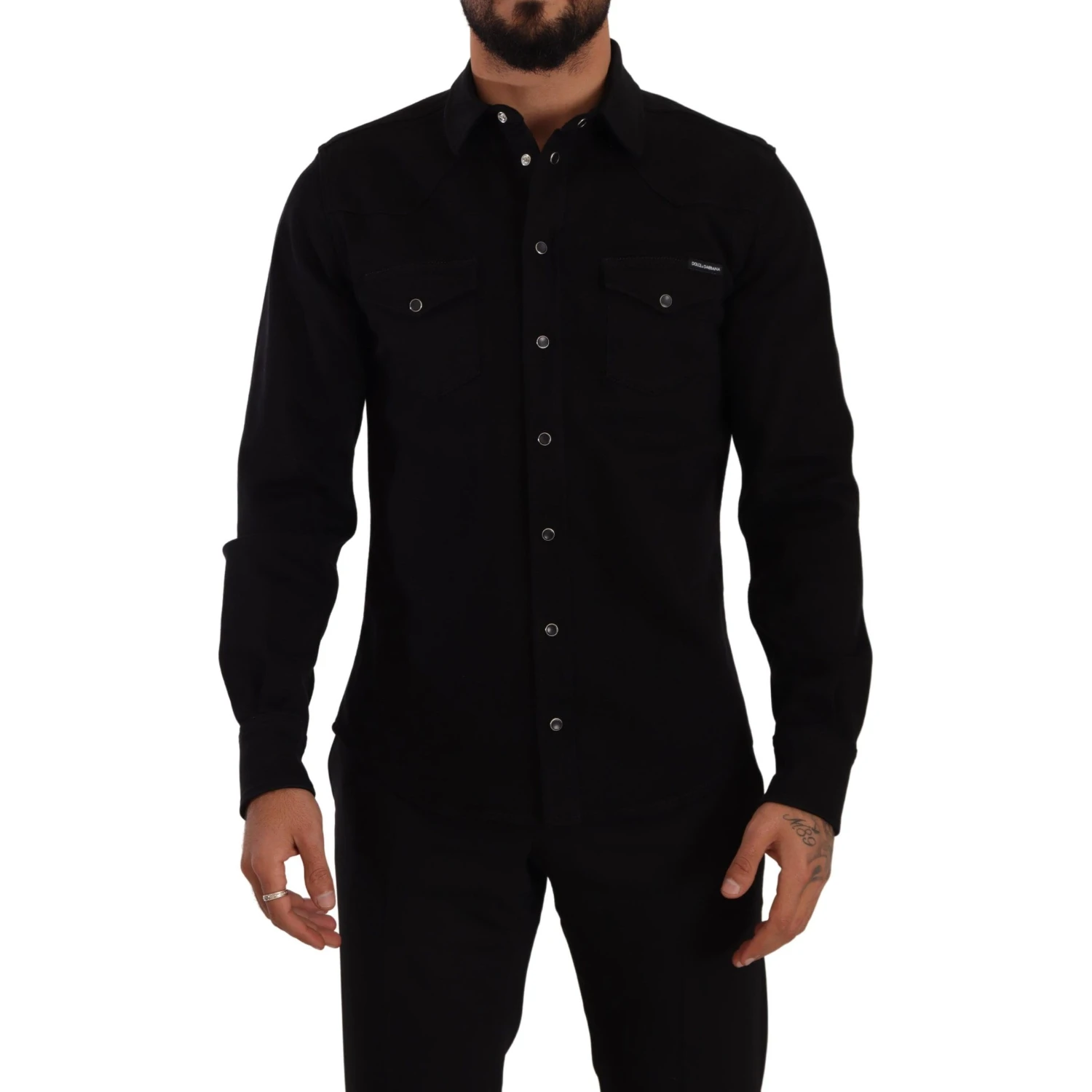 Black Slim Cotton Denim Stretch Shirt
