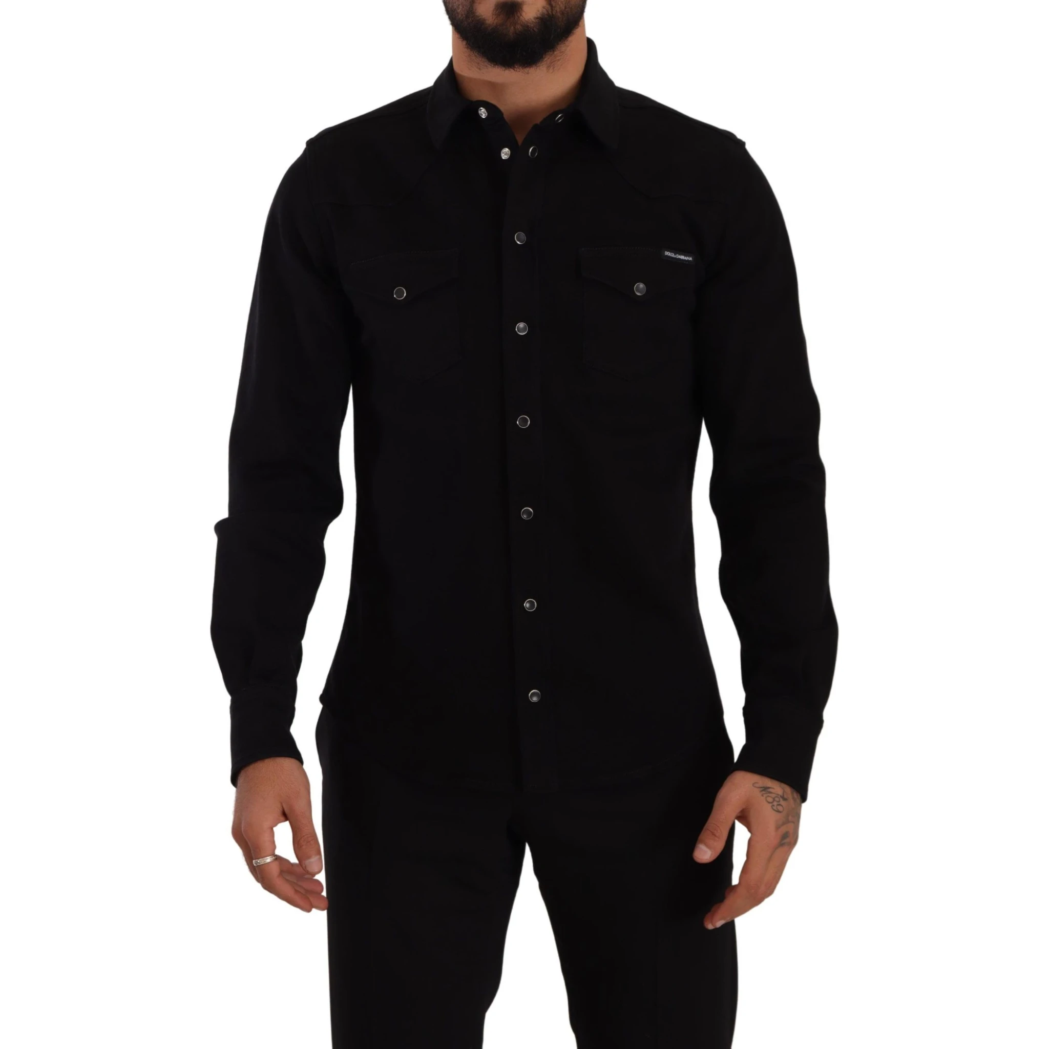 Black Slim Cotton Denim Stretch Shirt
