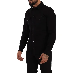 Black Slim Cotton Denim Stretch Shirt