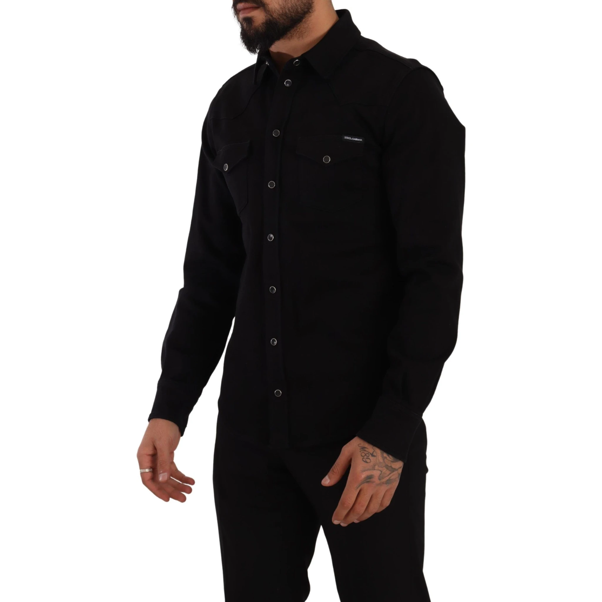 Black Slim Cotton Denim Stretch Shirt