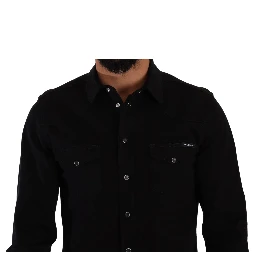 Black Slim Cotton Denim Stretch Shirt