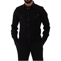 Black Slim Cotton Denim Stretch Shirt