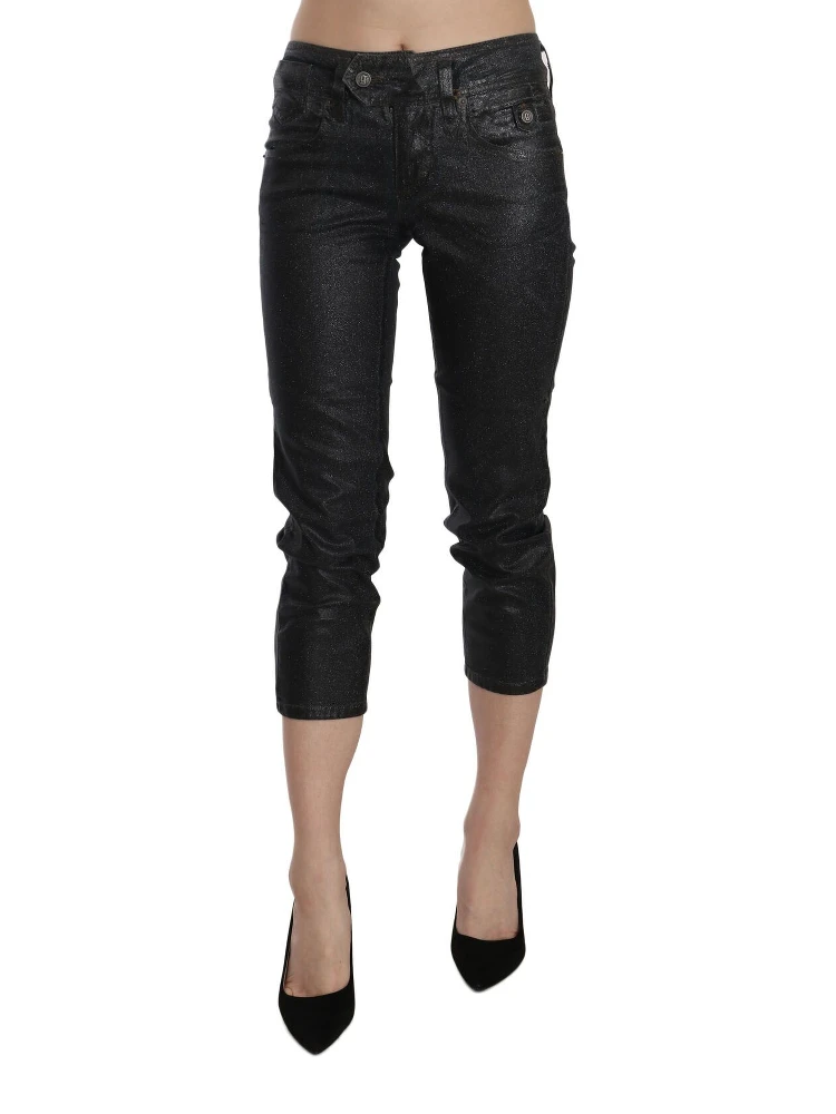 Black Washed Mid Waist Slim Leg Cropped Denim Pants