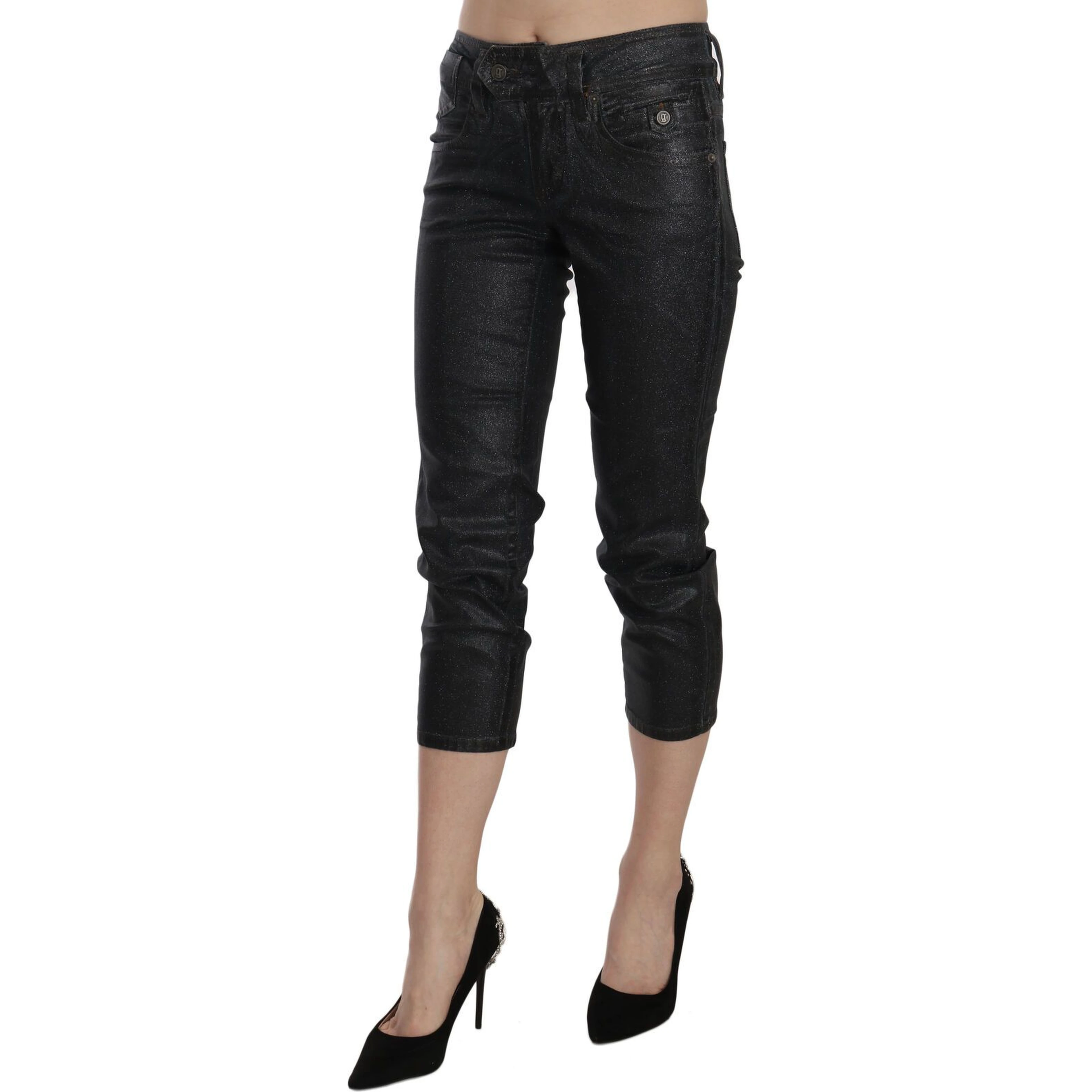Black Washed Mid Waist Slim Leg Cropped Denim Pants