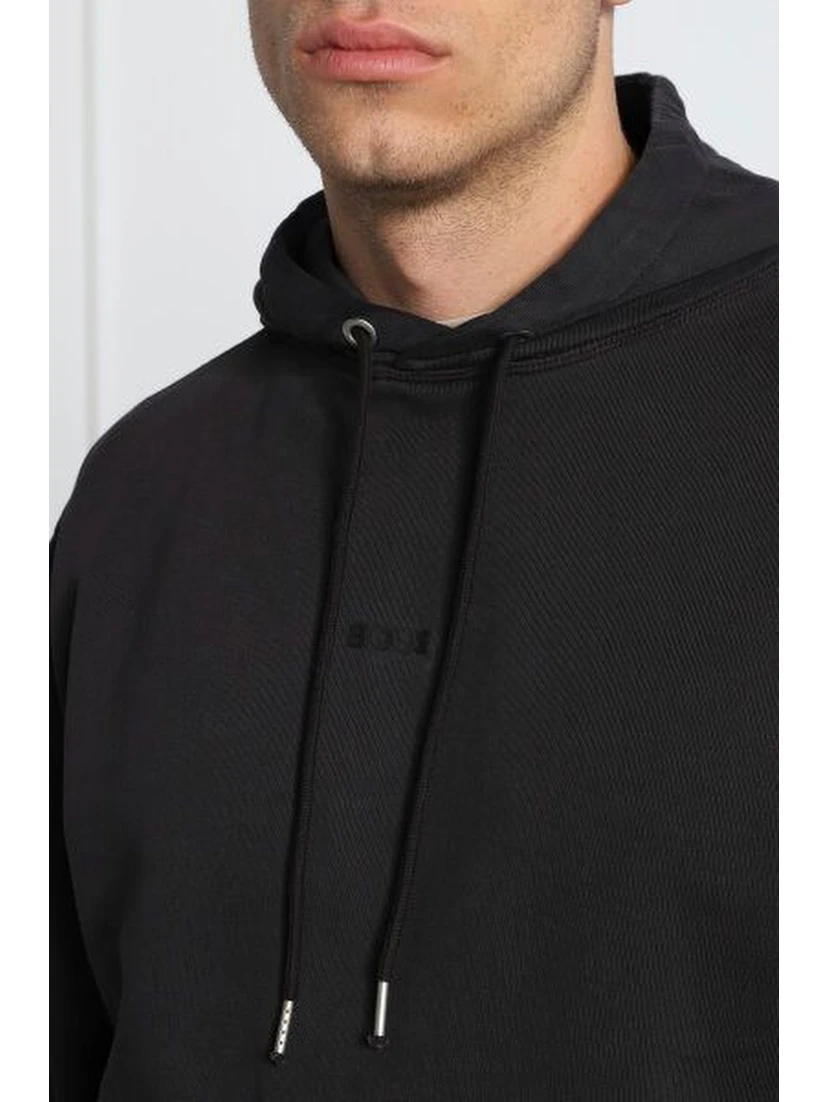 Dark Blue Cotton Logo Details Hooded Sweatshirt