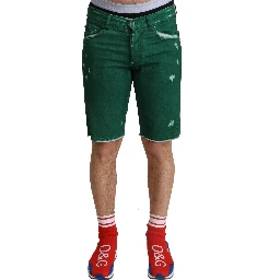 Green Tattered Cotton Men Denim Bermuda Shorts