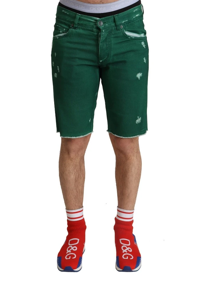 Green Tattered Cotton Men Denim Bermuda Shorts