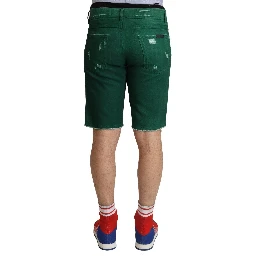 Green Tattered Cotton Men Denim Bermuda Shorts