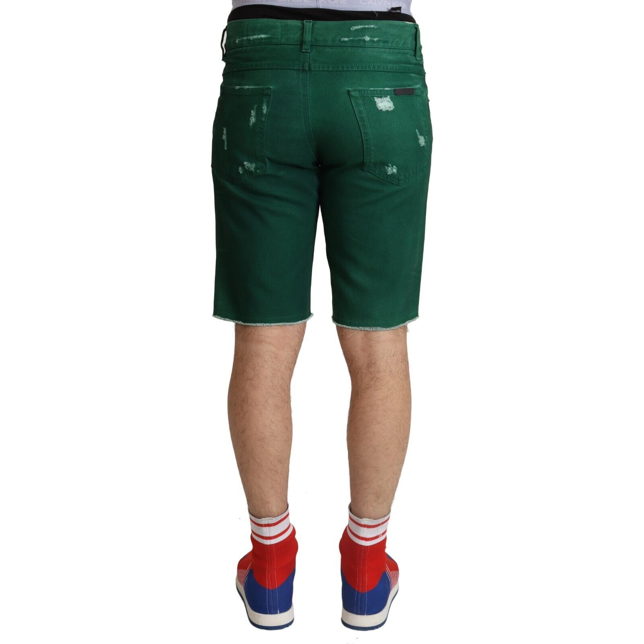 Green Tattered Cotton Men Denim Bermuda Shorts
