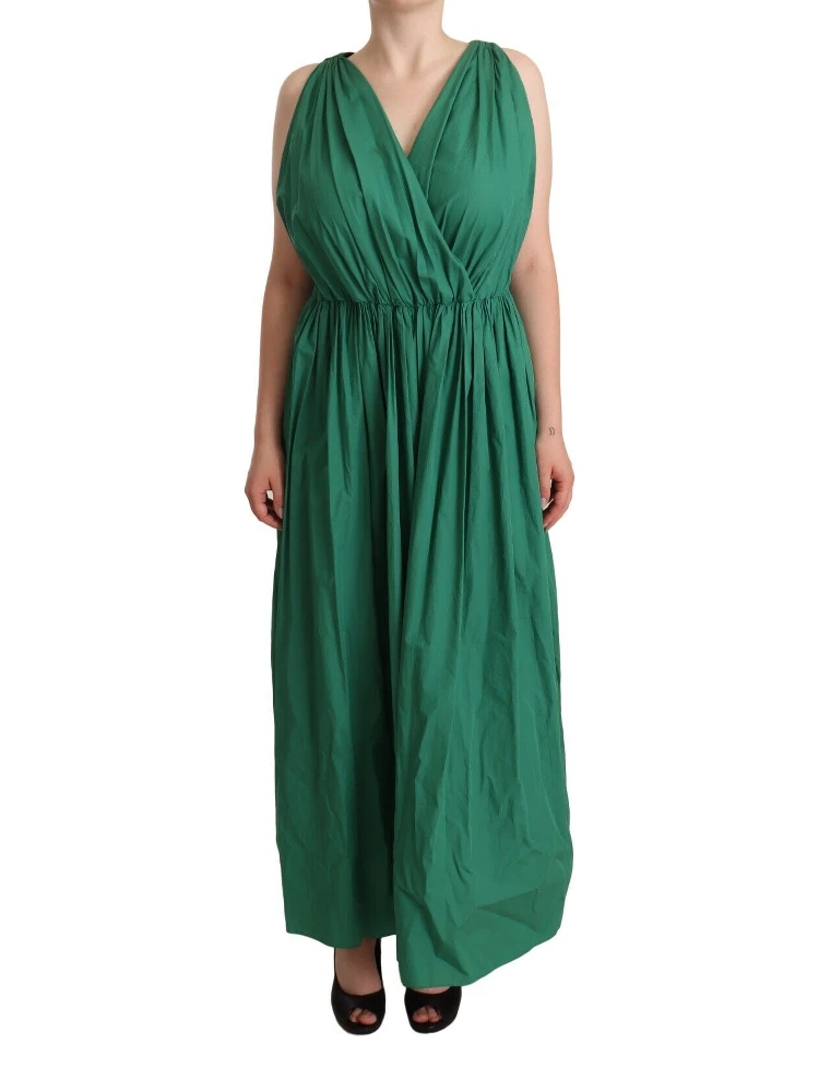 Green Cotton Sleeveless V-neck Dress