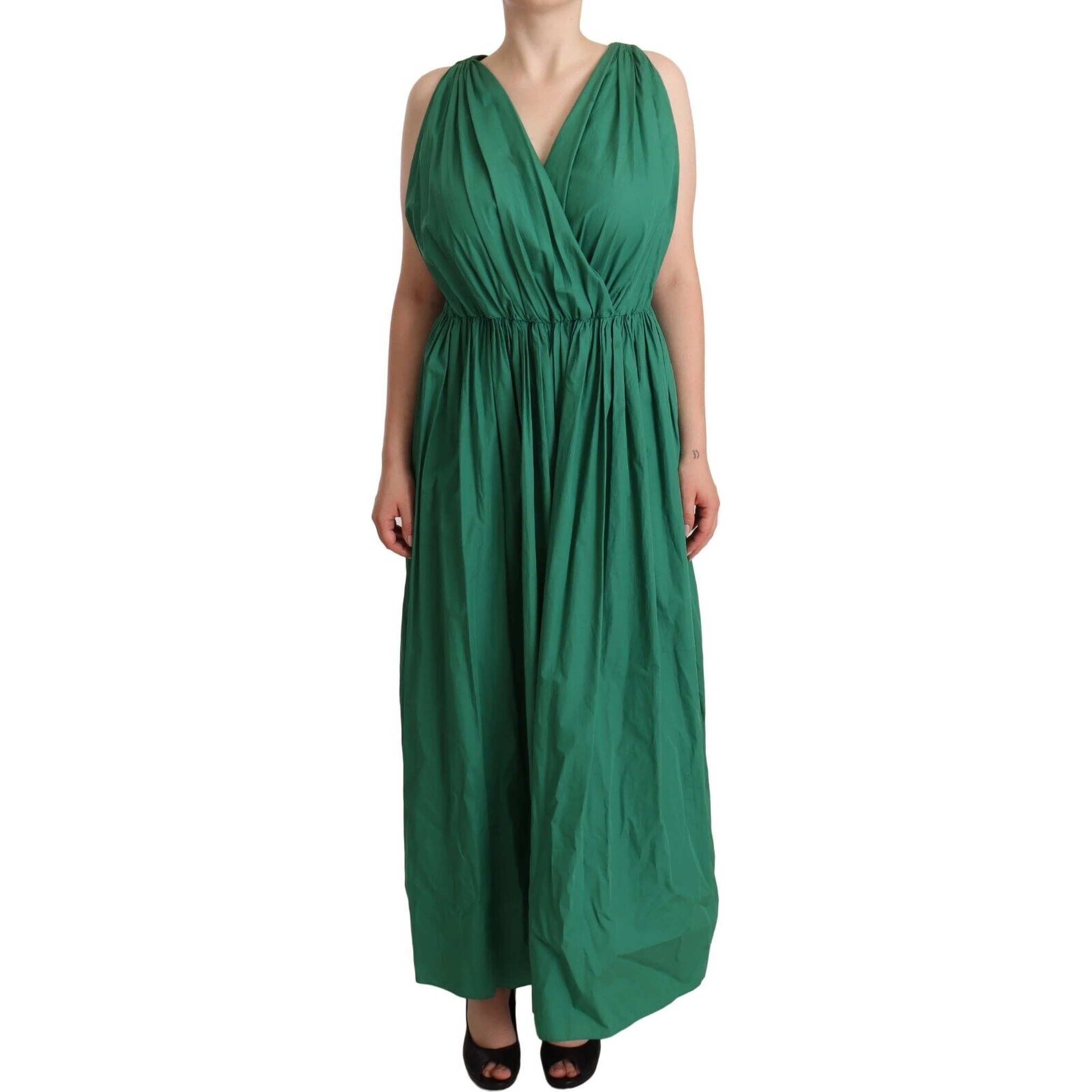 Green Cotton Sleeveless V-neck Dress