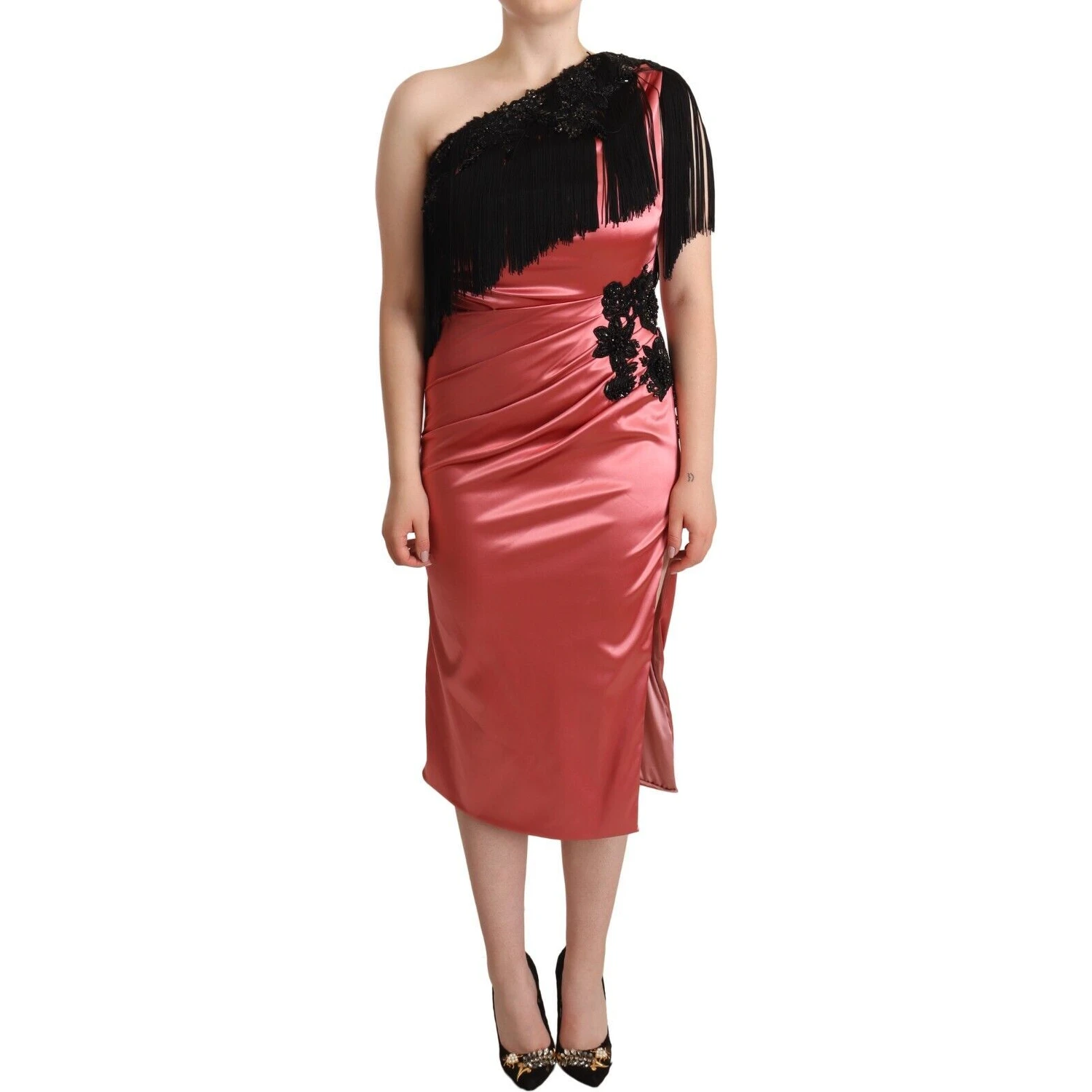 Pink One-Shoulder Silk Tassel Fringe Gown Mid Dress