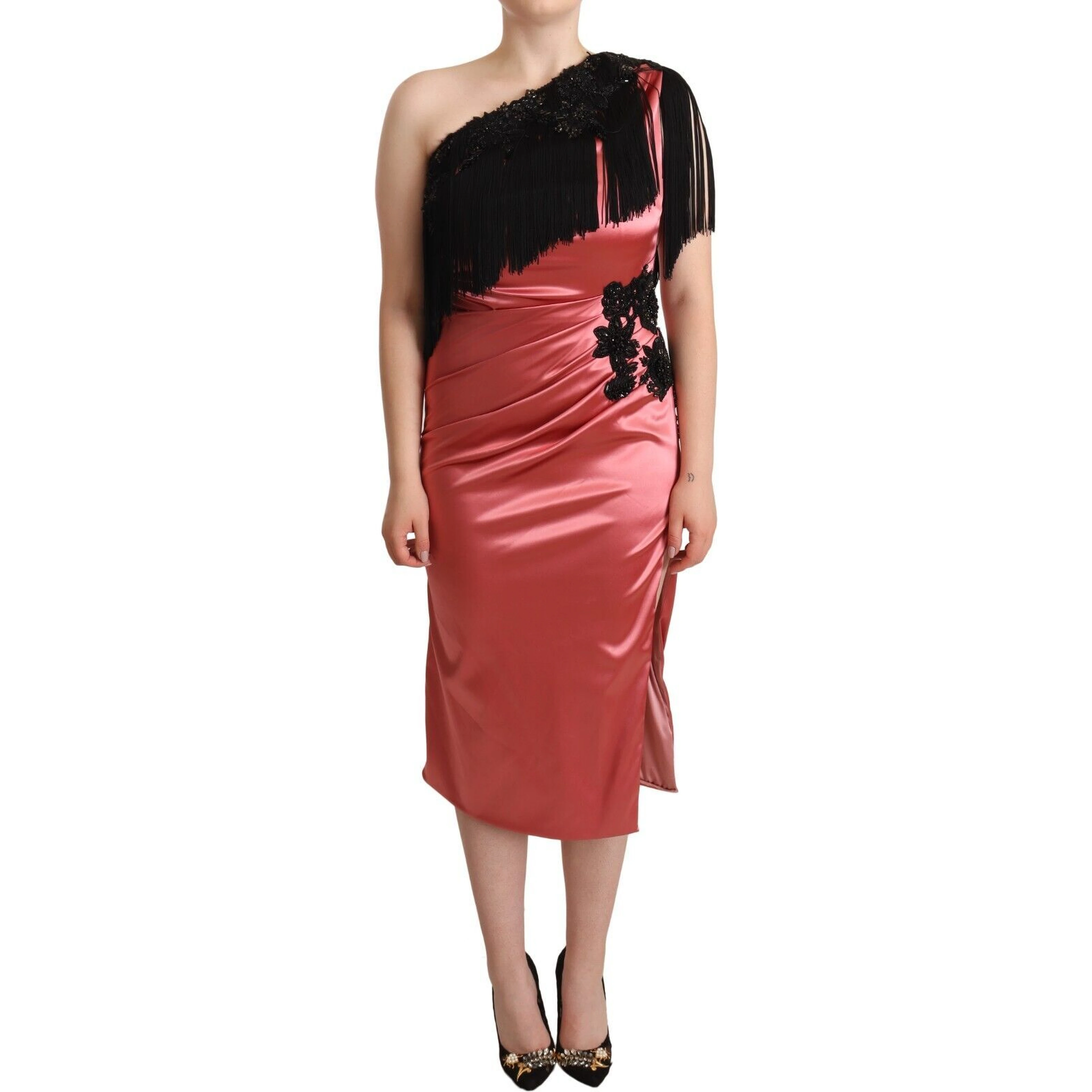 Pink One-Shoulder Silk Tassel Fringe Gown Mid Dress