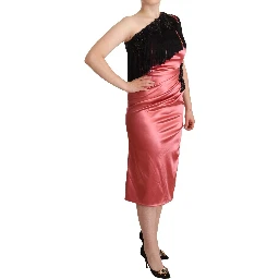 Pink One-Shoulder Silk Tassel Fringe Gown Mid Dress