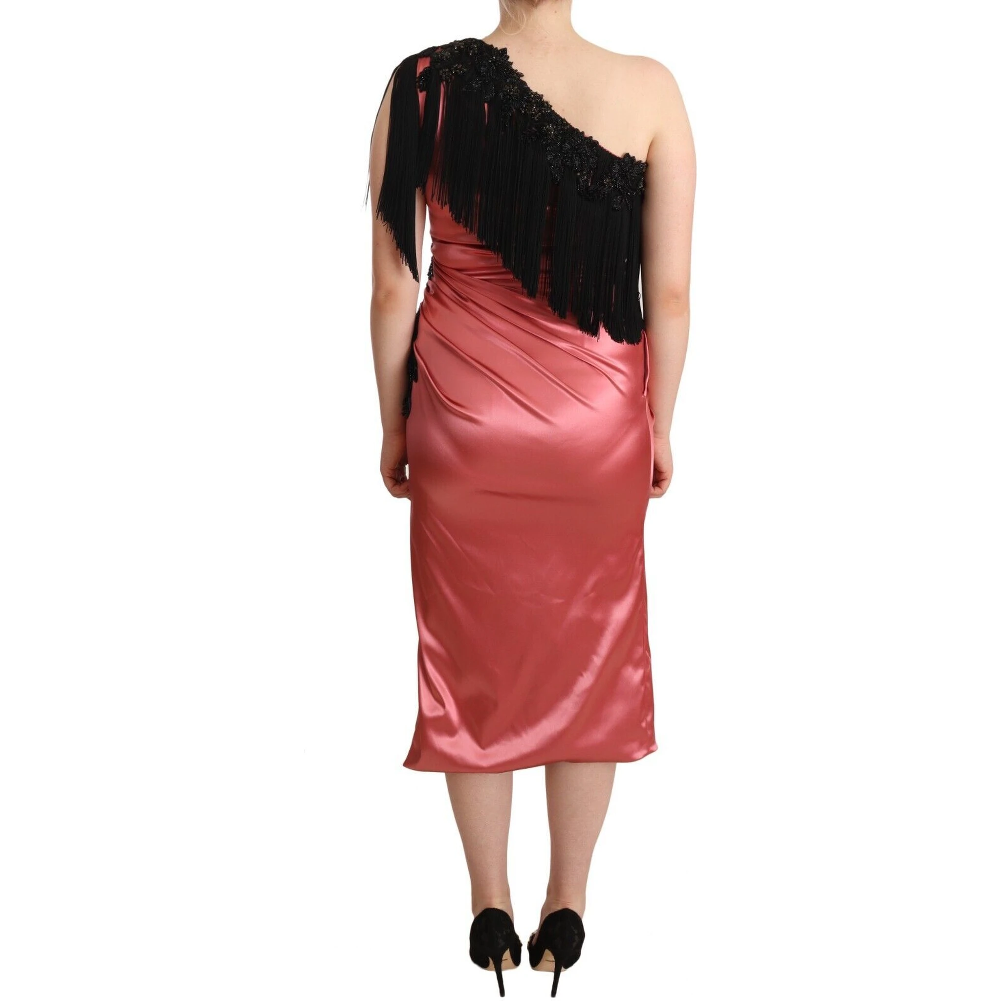 Pink One-Shoulder Silk Tassel Fringe Gown Mid Dress